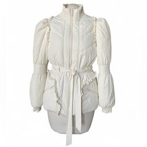 Anthropologie Manoush Ivory Puffer Coat Jacket With Eyelet Lace Detail Size S